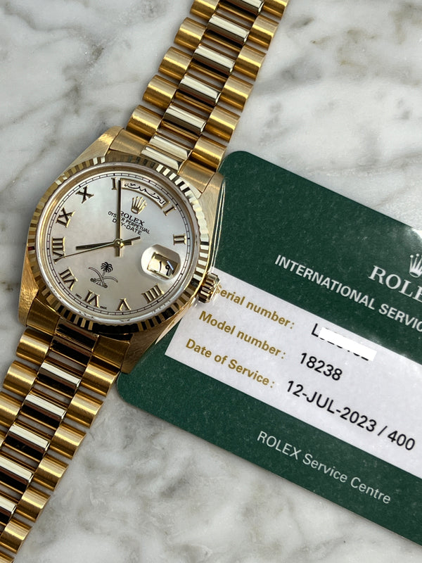 Rolex - Pre-owned Yellow Gold Day-Date 18238 Double Quick Set 36mm Arabic Day & Date-Wheel Mother of Pearl (MOP) Dial with Saudi Arabian Crest