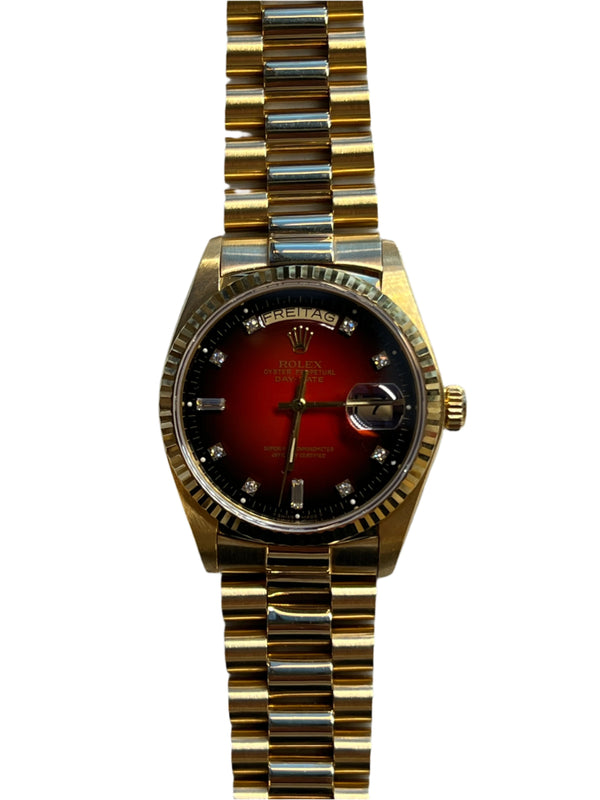 Rolex - Pre-owned Yellow Gold Day-Date Single Quick Set 36mm German Date-Wheel Red Vignette Diamond Dial 18038