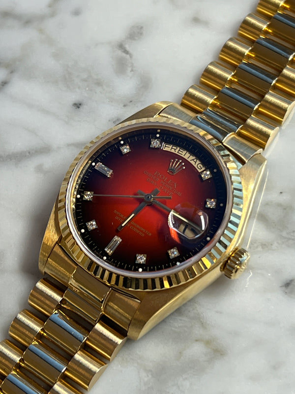 Rolex - Pre-owned Yellow Gold Day-Date Single Quick Set 36mm German Date-Wheel Red Vignette Diamond Dial 18038