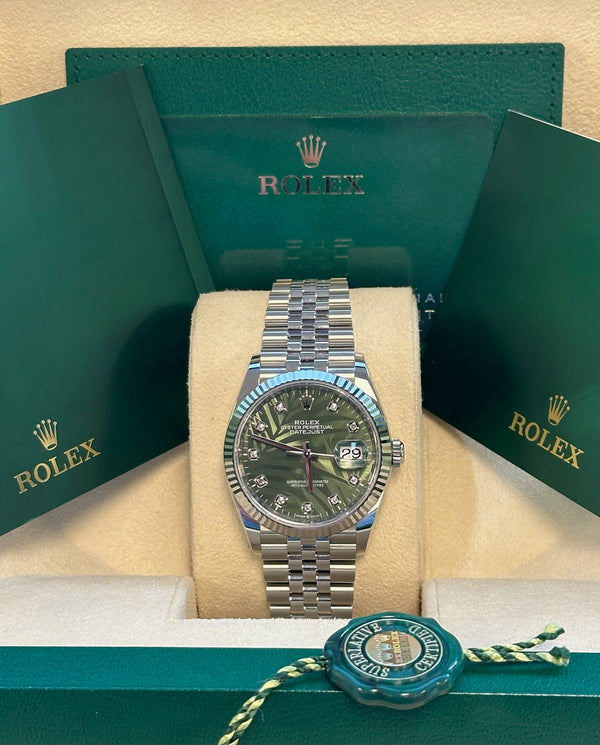 Rolex - Pre-owned Datejust 36mm Green Palm Motif Diamond Dial Jubilee Bracelet 126234