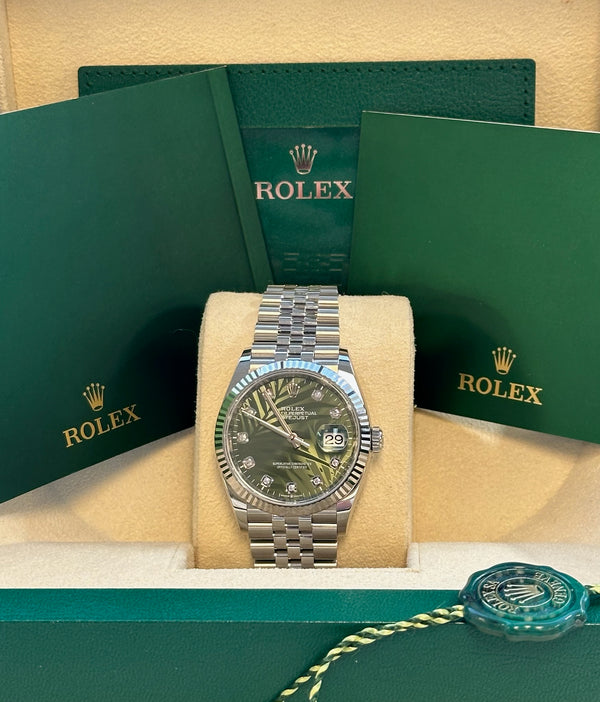 Rolex - Pre-owned Datejust 36mm Green Palm Motif Diamond Dial Jubilee Bracelet 126234