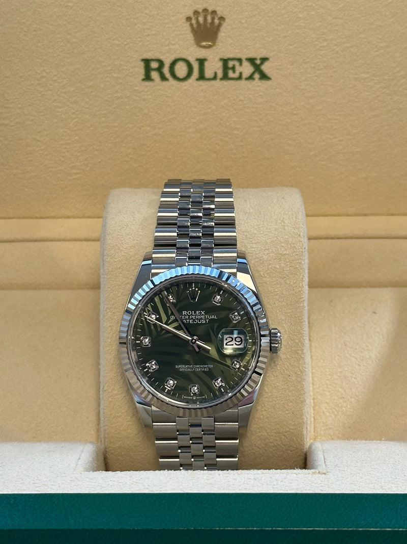 Rolex - Pre-owned Datejust 36mm Green Palm Motif Diamond Dial Jubilee Bracelet 126234