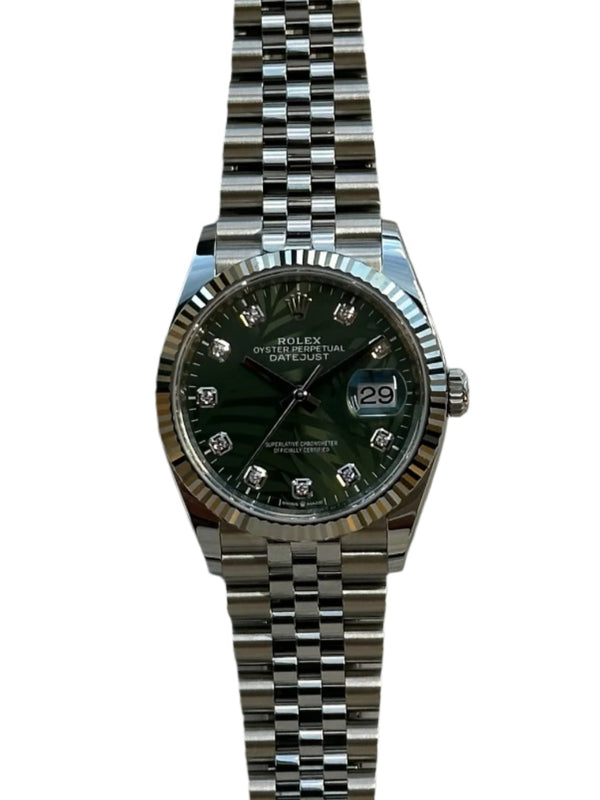 Rolex - Pre-owned Datejust 36mm Green Palm Motif Diamond Dial Jubilee Bracelet 126234