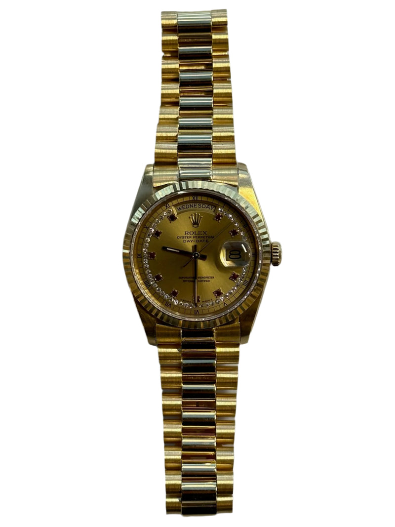 Rolex - Pre-owned Yellow Gold Day-Date Double Quick Set 36mm Ruby & Diamond Champagne Dial 18238LR