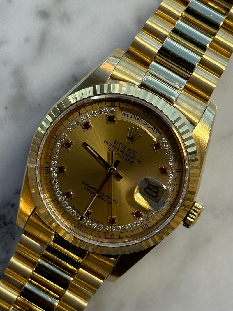 Rolex - Pre-owned Yellow Gold Day-Date Double Quick Set 36mm Ruby & Diamond Champagne Dial 18238LR