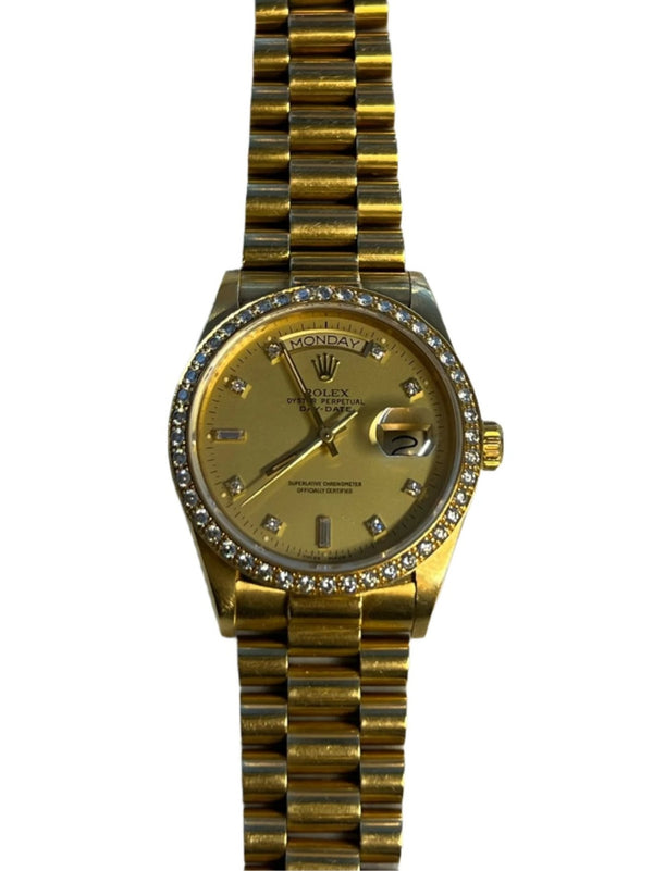 Rolex - Pre-owned Yellow Gold Day-Date Single Quick Set 36mm Champagne Diamond Dial & Bezel 18048