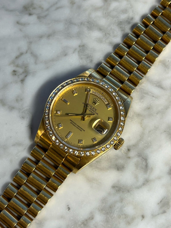 Rolex - Pre-owned Yellow Gold Day-Date Single Quick Set 36mm Champagne Diamond Dial & Bezel 18048