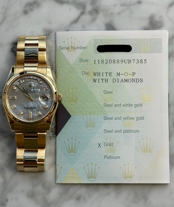 Rolex - Pre-owned Yellow Gold Day-Date 36mm Mother of Pearl (MOP) Diamond Dial 118208