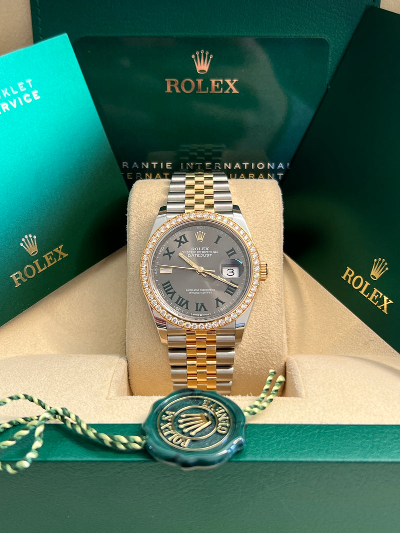 Rolex - Unworn Two Tone Yellow Gold Datejust 36mm Wimbledon Dial Diamond Bezel 126283RBR