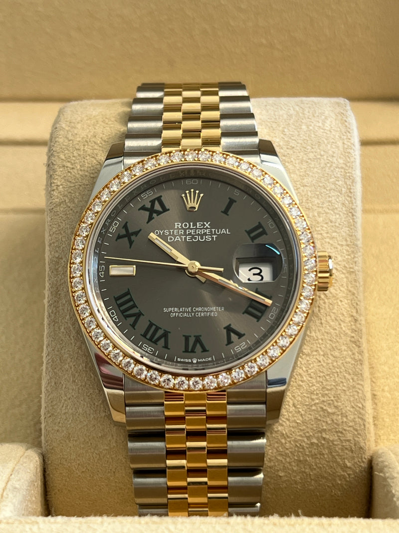 Rolex - Unworn Two Tone Yellow Gold Datejust 36mm Wimbledon Dial Diamond Bezel 126283RBR