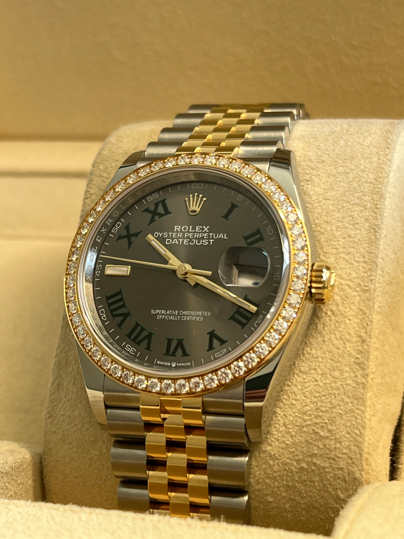 Rolex - Unworn Two Tone Yellow Gold Datejust 36mm Wimbledon Dial Diamond Bezel 126283RBR