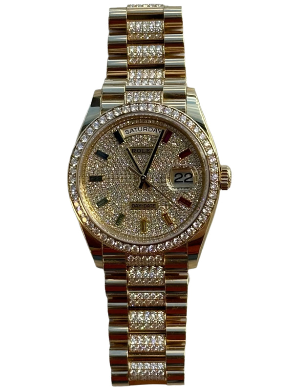 Rolex - Pre-owned Yellow Gold Day-Date 36mm Presidential Pave Rainbow Diamond Dial Diamond Bezel 128348RBR