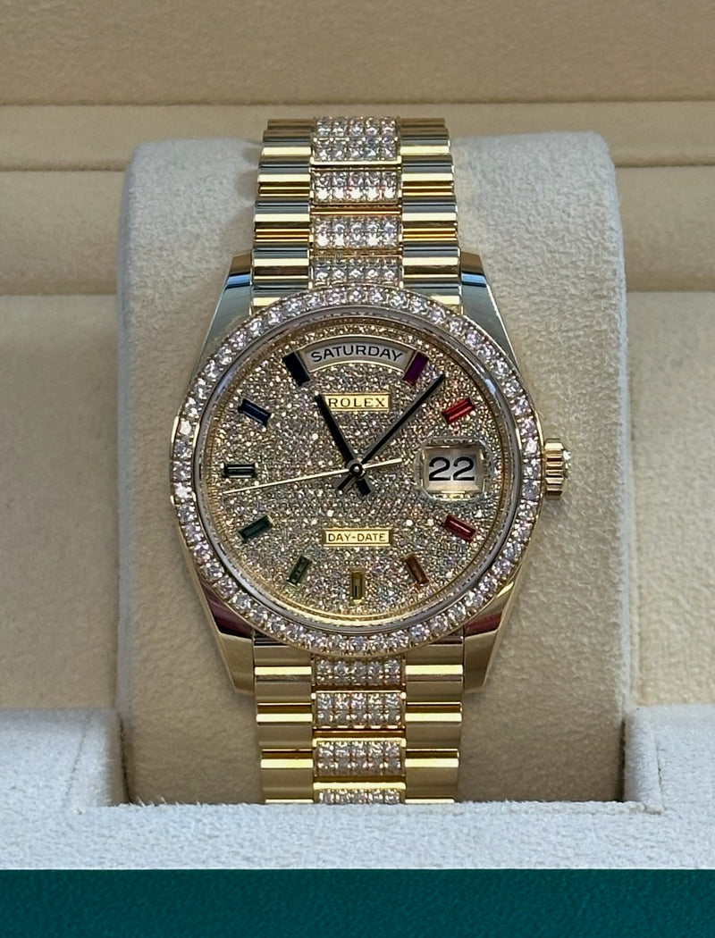 Rolex - Pre-owned Yellow Gold Day-Date 36mm Presidential Pave Rainbow Diamond Dial Diamond Bezel 128348RBR