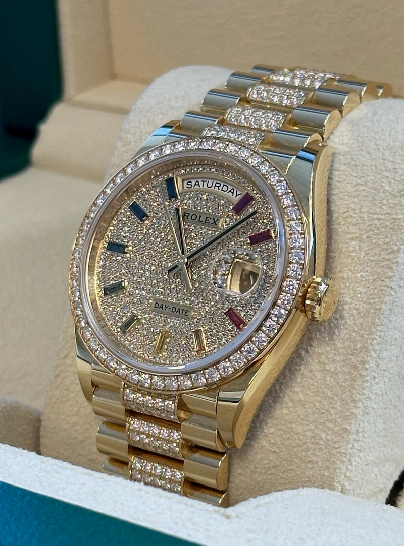 Rolex - Pre-owned Yellow Gold Day-Date 36mm Presidential Pave Rainbow Diamond Dial Diamond Bezel 128348RBR