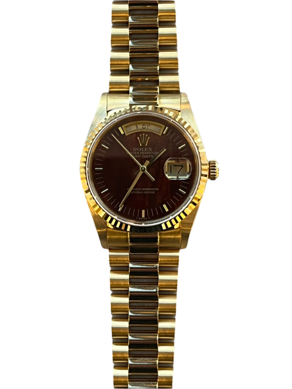 Rolex - Pre-owned Yellow Gold Day-Date Single Quick Set 36mm Wood Dial HEBREW Day-Wheel 18038