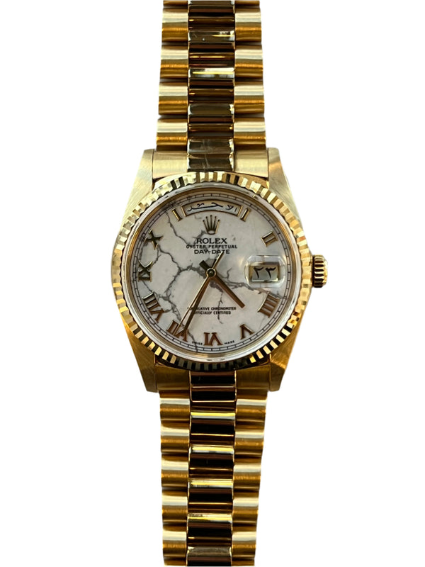 Rolex - Pre-owned Yellow Gold Day-Date Double Quick Set 36mm Arabic Day & Date-Wheel White Howlite Stone Dial 18238