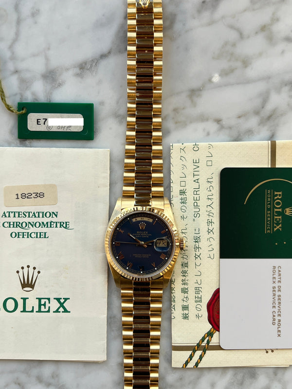 Rolex - Pre-owned Yellow Gold Day-Date Double Quick Set 36mm Asian Day & Date-Wheel Blue Roman Dial 18238