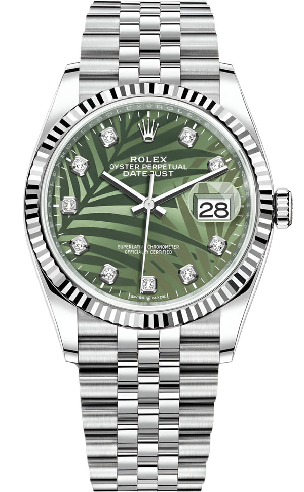 Rolex - Pre-owned Datejust 36mm Green Palm Motif Diamond Dial Jubilee Bracelet 126234