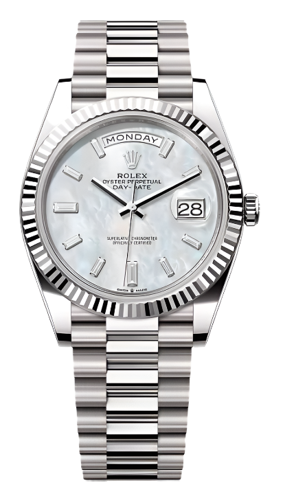 Rolex - Unworn White Gold Day-Date 40 Presidential Mother of Pearl (MOP) Baguette Dial 228239